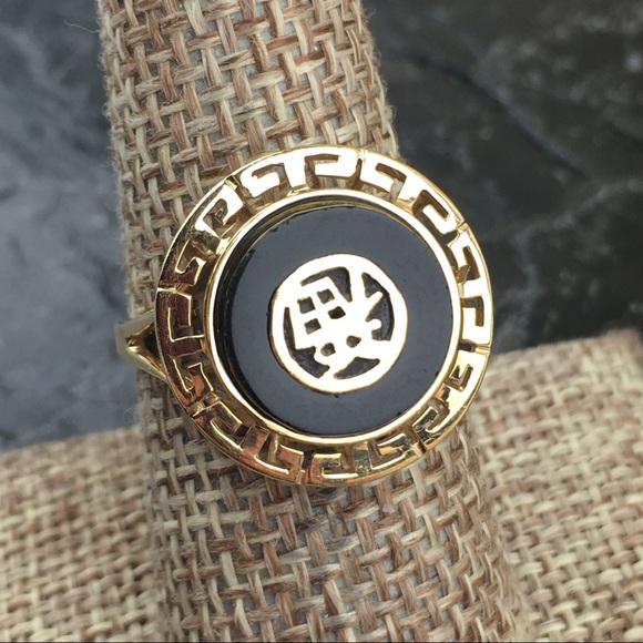 Auspicious Chinese Character Charcoal Jade 14k Gold Ring 8.25 - 8.5